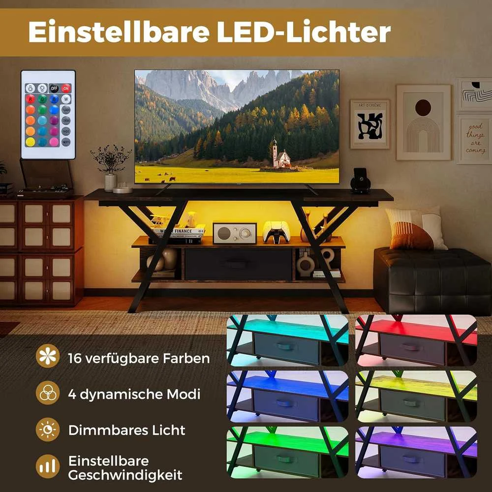 COSTWAY TV staliukas su LED apšvietimu, USB ir C tipo lizdais, 140 × 40 × 54 cm, tamsiai rudas
