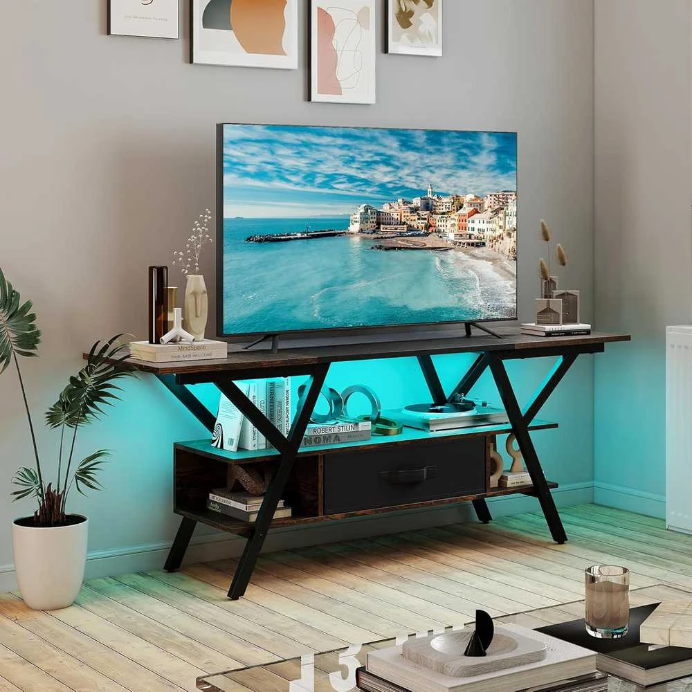 COSTWAY TV staliukas su LED apšvietimu, USB ir C tipo lizdais, 140 × 40 × 54 cm, tamsiai rudas