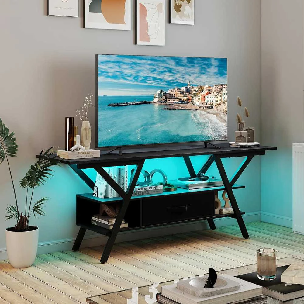COSTWAY TV staliukas su LED apšvietimu, USB ir C tipo jungtimis, skirtas iki 65 colių televizoriams, juodas, TH32975DE