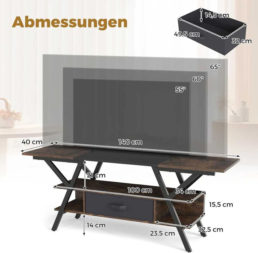 COSTWAY TV staliukas su LED apšvietimu, USB ir C tipo lizdais, 140 × 40 × 54 cm, tamsiai rudas