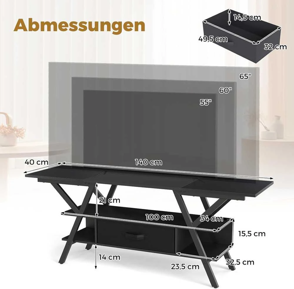 COSTWAY TV staliukas su LED apšvietimu, USB ir C tipo jungtimis, skirtas iki 65 colių televizoriams, juodas, TH32975DE