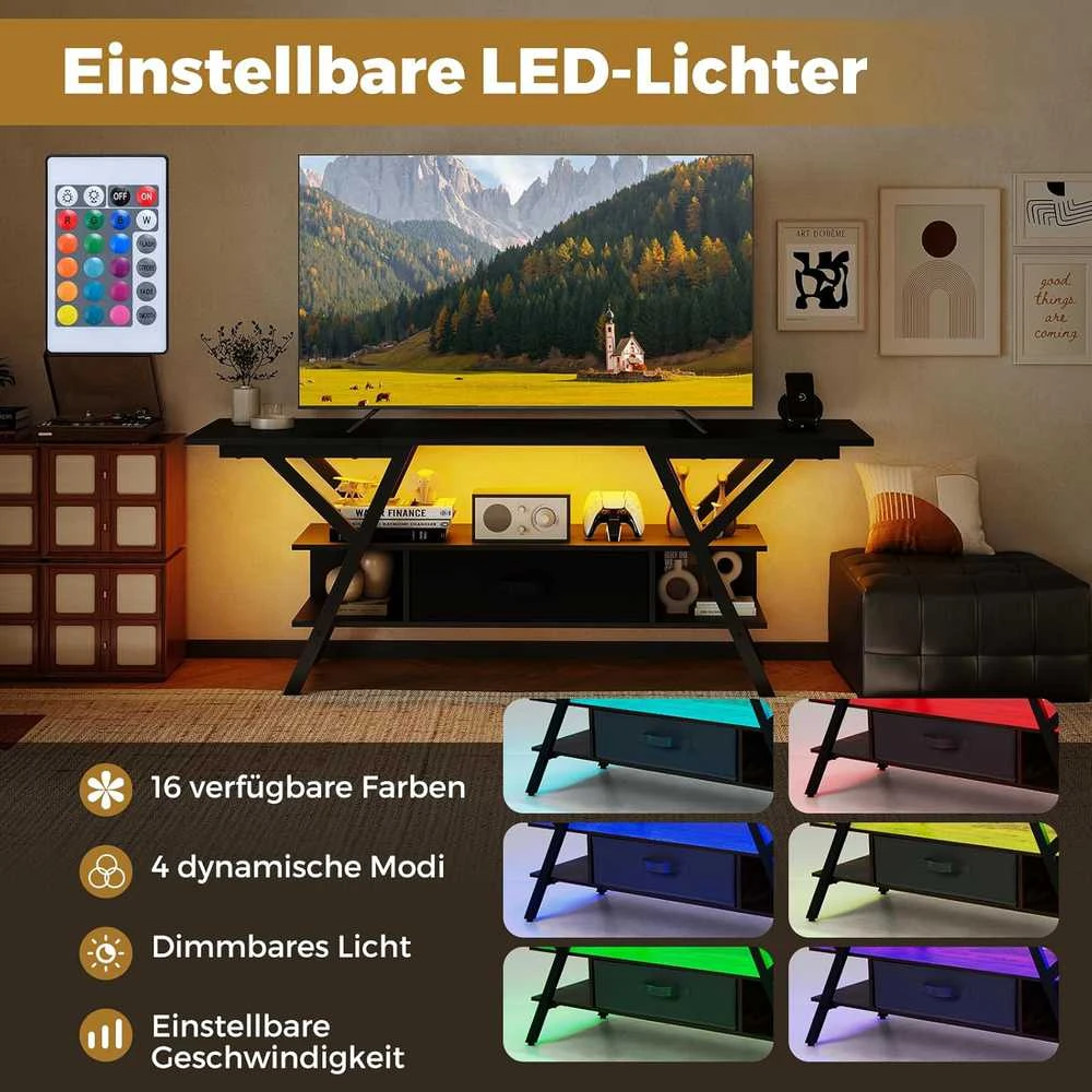 COSTWAY TV staliukas su LED apšvietimu, USB ir C tipo jungtimis, skirtas iki 65 colių televizoriams, juodas, TH32975DE