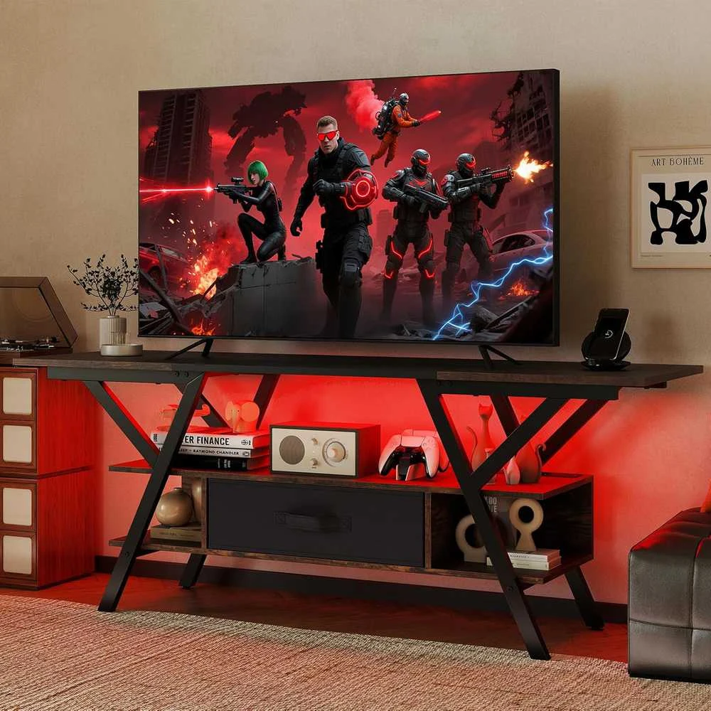 COSTWAY TV staliukas su LED apšvietimu, USB ir C tipo lizdais, 140 × 40 × 54 cm, tamsiai rudas