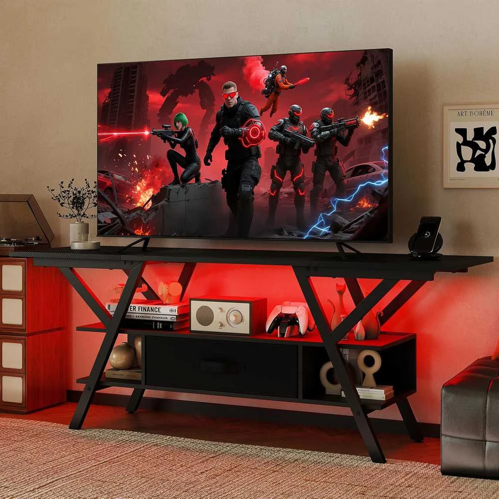 COSTWAY TV staliukas su LED apšvietimu, USB ir C tipo jungtimis, skirtas iki 65 colių televizoriams, juodas, TH32975DE
