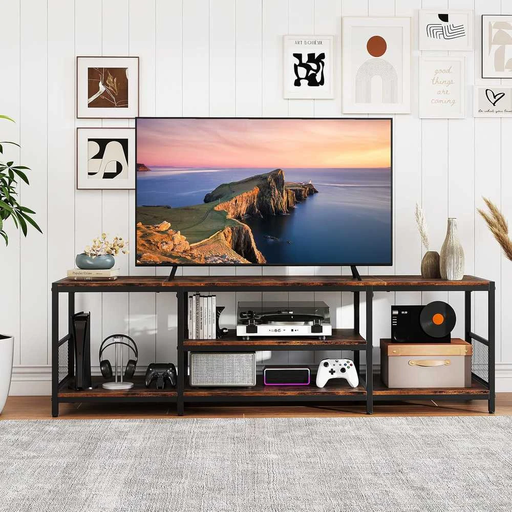 COSTWAY TV staliukas su metaline rėmu, atviromis lentynomis, 150 × 40 × 45 cm, rudas