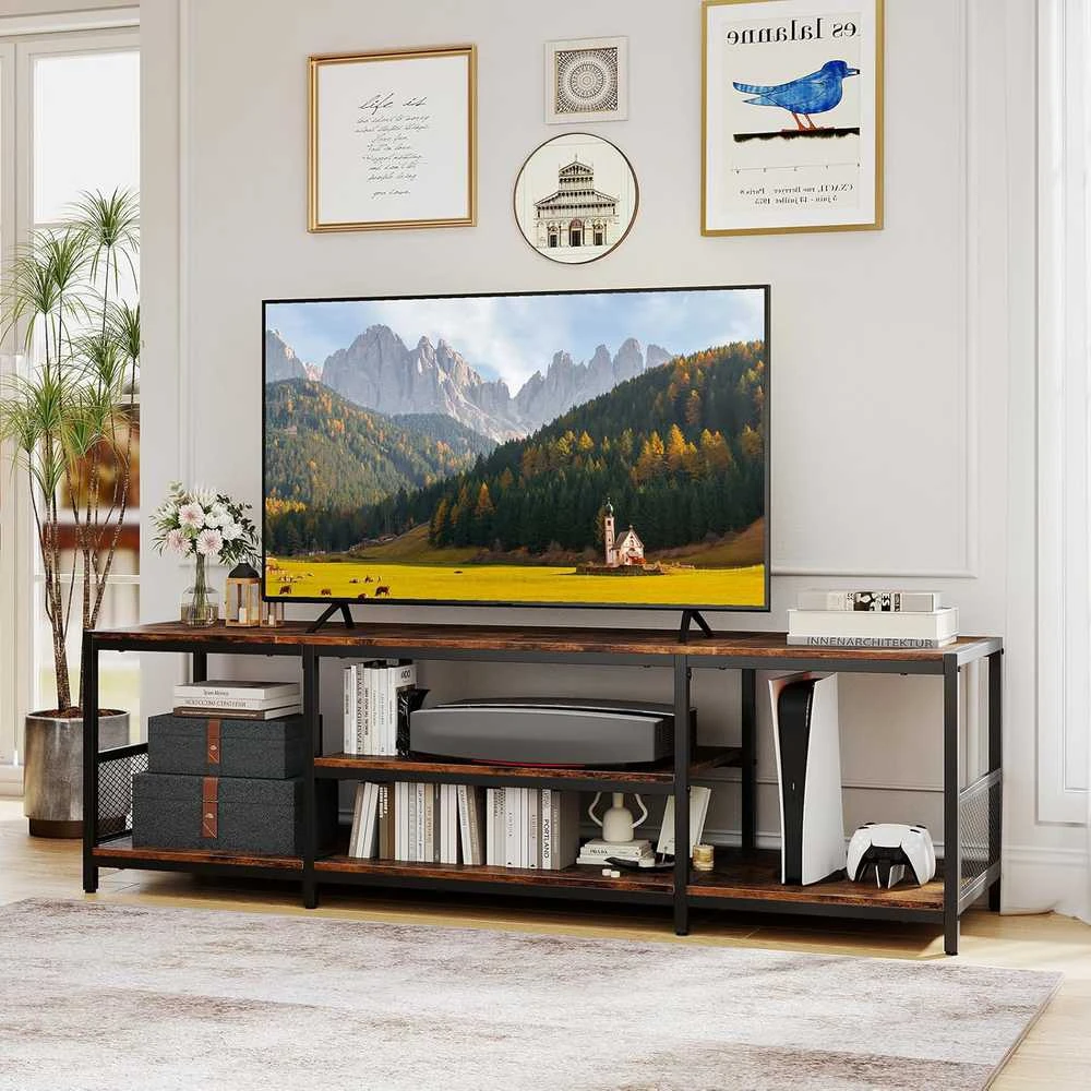 COSTWAY TV staliukas su metaline rėmu, atviromis lentynomis, 150 × 40 × 45 cm, rudas
