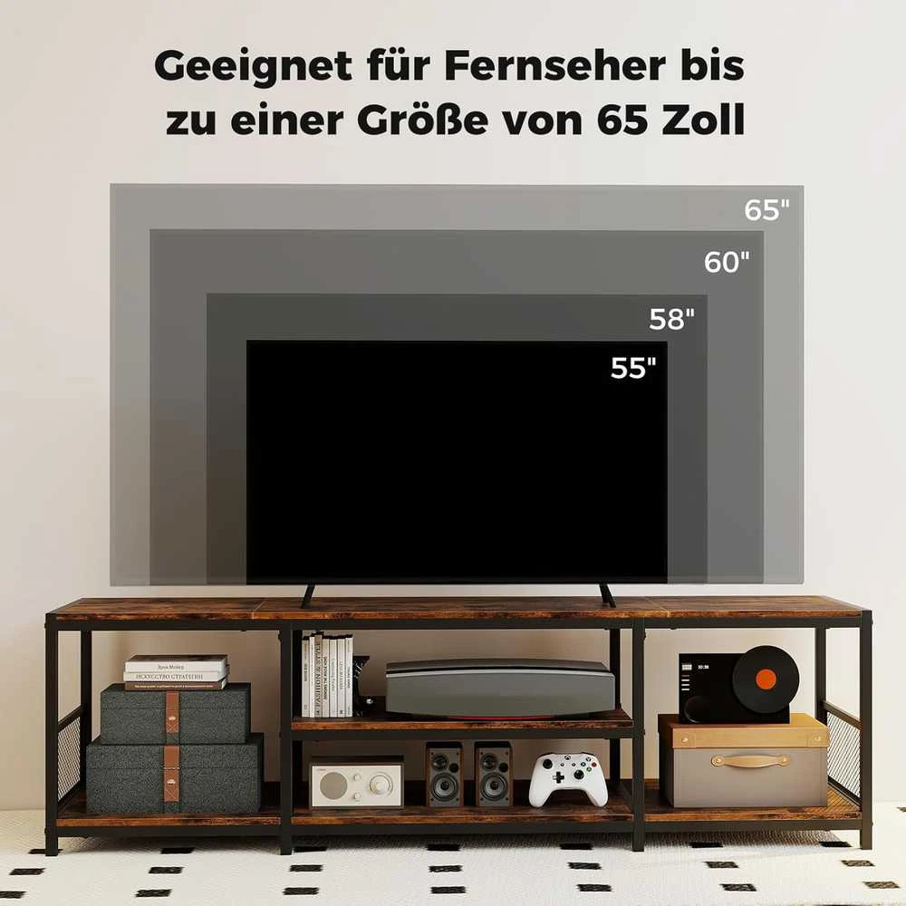 COSTWAY TV staliukas su metaline rėmu, atviromis lentynomis, 150 × 40 × 45 cm, rudas
