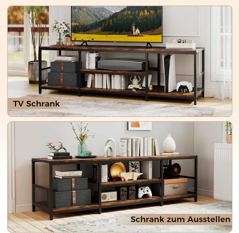 COSTWAY TV staliukas su metaline rėmu, atviromis lentynomis, 150 × 40 × 45 cm, rudas