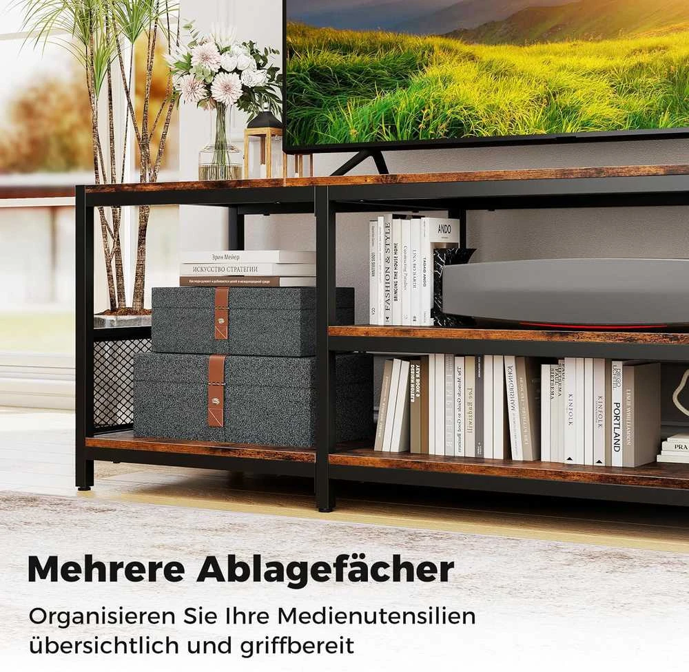 COSTWAY TV staliukas su metaline rėmu, atviromis lentynomis, 150 × 40 × 45 cm, rudas