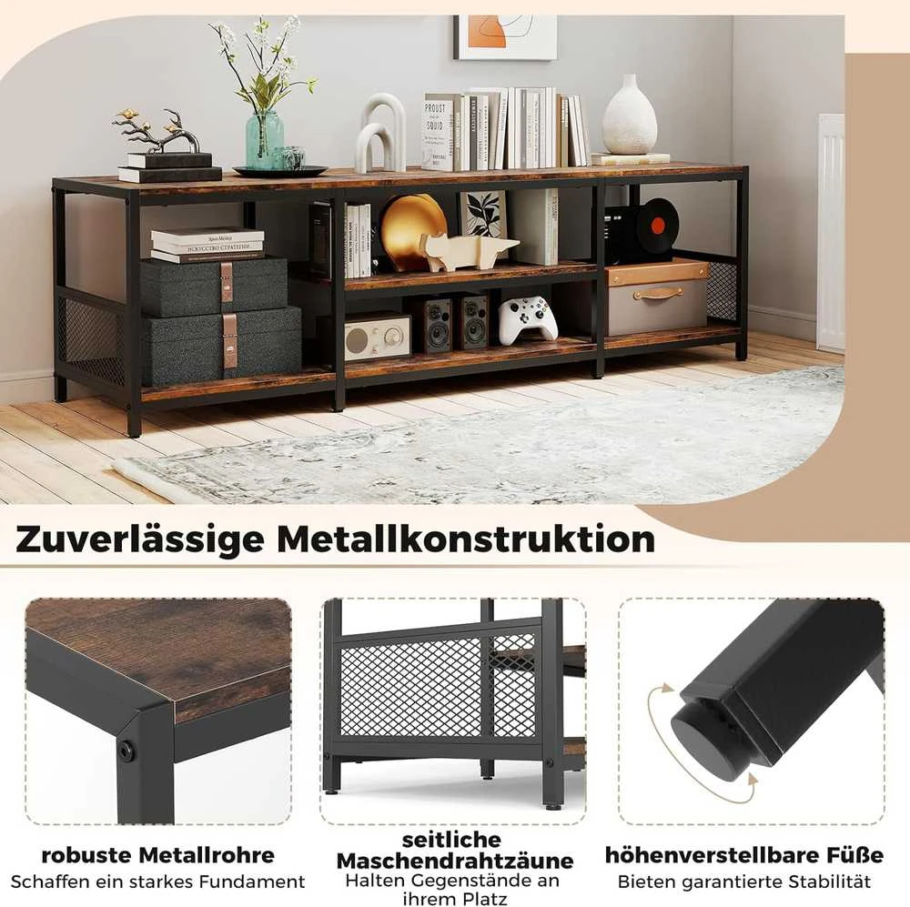 COSTWAY TV staliukas su metaline rėmu, atviromis lentynomis, 150 × 40 × 45 cm, rudas