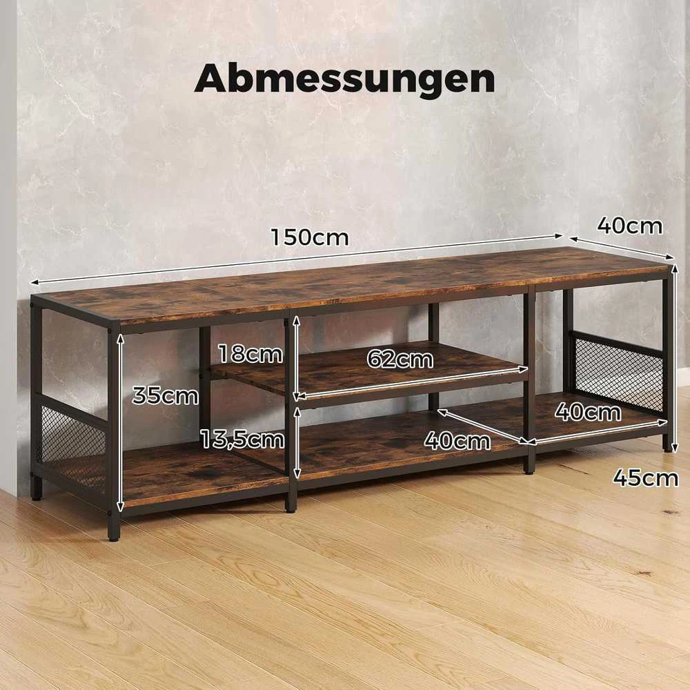 COSTWAY TV staliukas su metaline rėmu, atviromis lentynomis, 150 × 40 × 45 cm, rudas