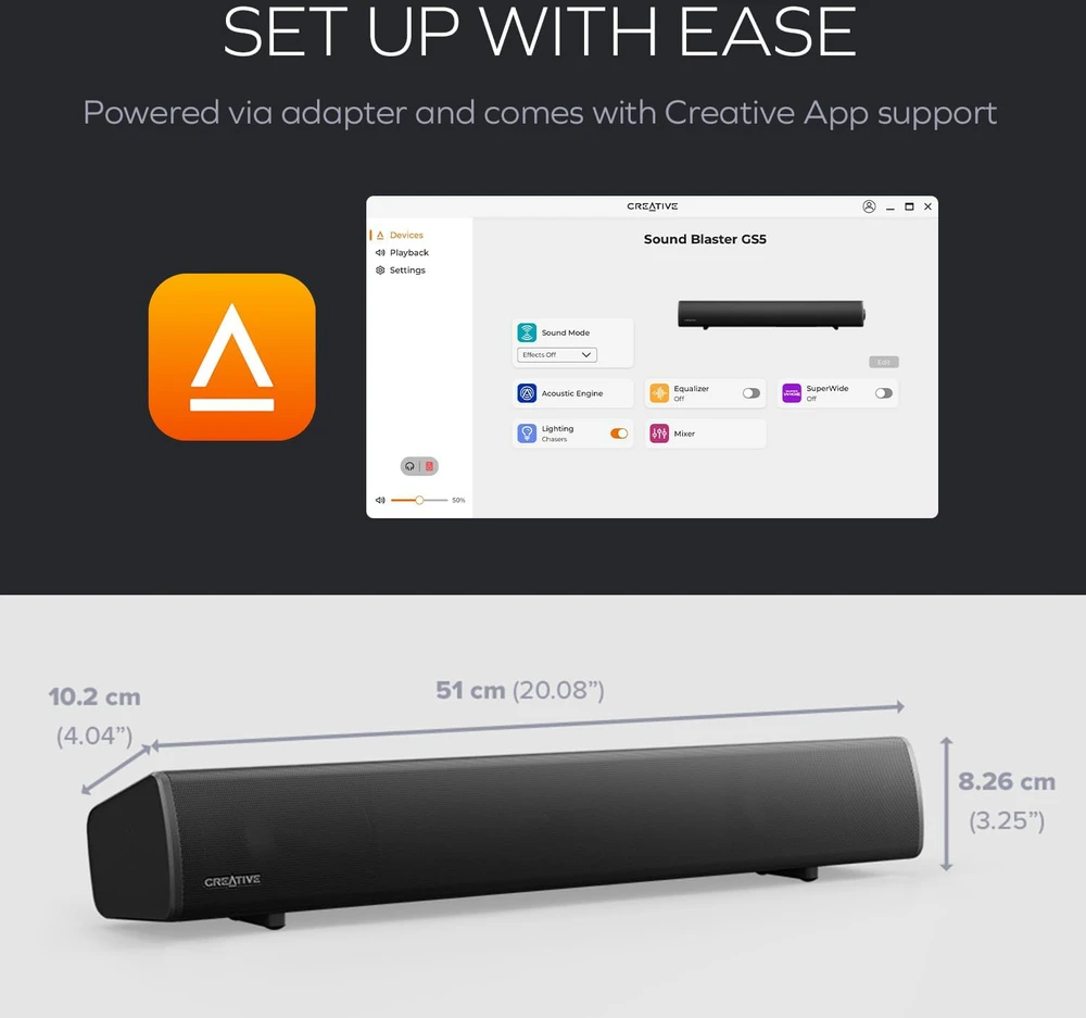 Namų kino sistema „Creative Sound Blaster GS5 Bluetooth 5.3 Gaming Soundbar“ juodos spalvos