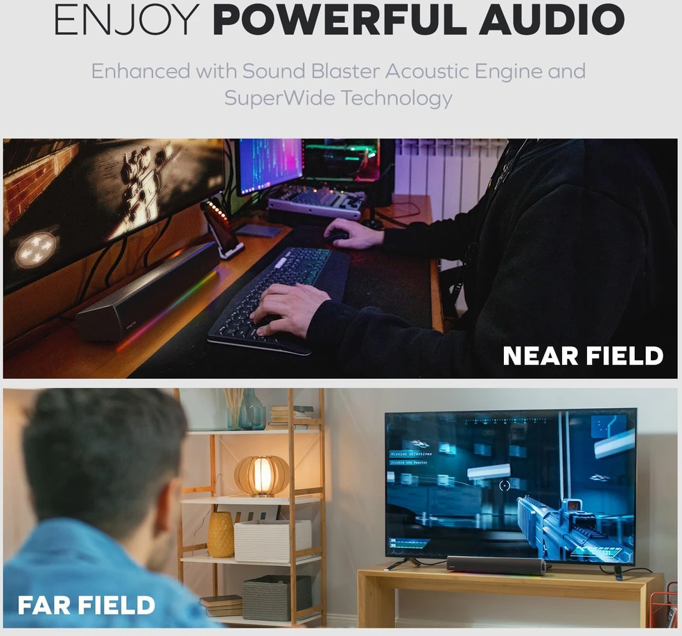 Namų kino sistema „Creative Sound Blaster GS5 Bluetooth 5.3 Gaming Soundbar“ juodos spalvos