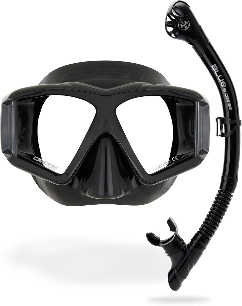 Cressi nardymo ir snorkelinimo kaukė su keturiais grūdinto stiklo lęšiais ir kvėpavimo vamzdeliu Horizon Scilla, juoda