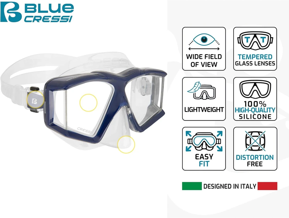 Cressi nardymo ir snorkelinimo kaukė su keturiais grūdinto stiklo lęšiais ir kvėpavimo vamzdeliu Horizon Scilla, juoda