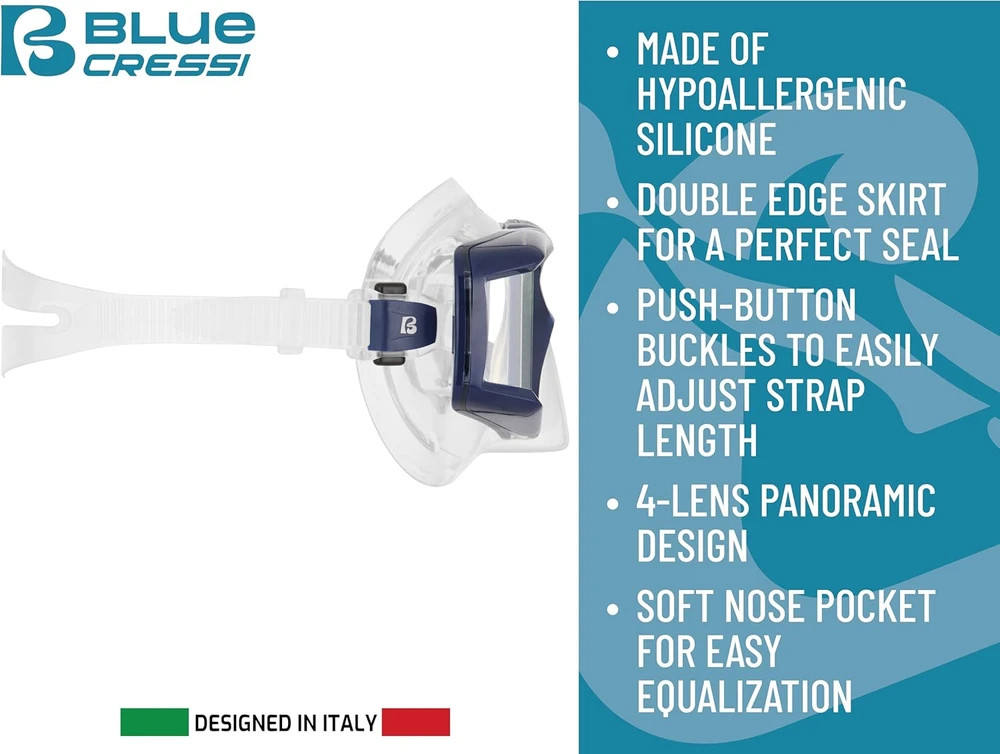 Cressi nardymo ir snorkelinimo kaukė su keturiais grūdinto stiklo lęšiais ir kvėpavimo vamzdeliu Horizon Scilla, juoda