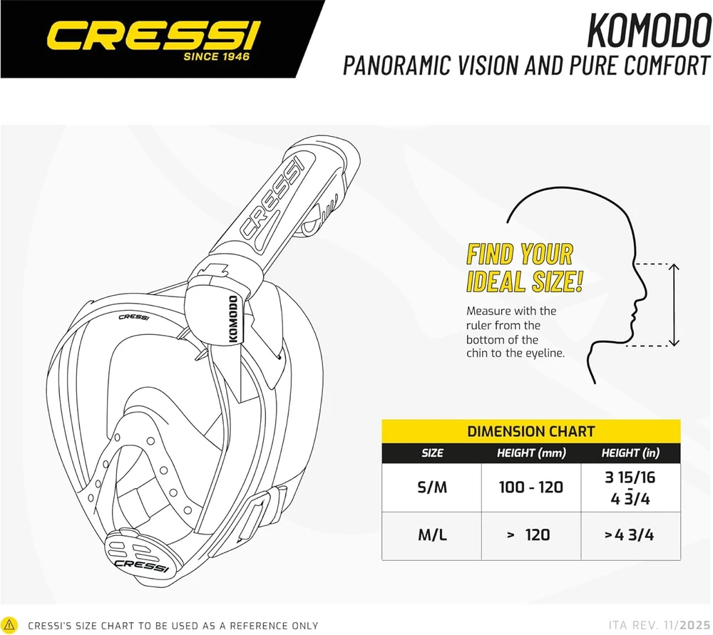 Cressi pilno veido nardymo kaukė Komodo 180° panorama CO2 saugi anti-rasa silikoninė juoda S/M