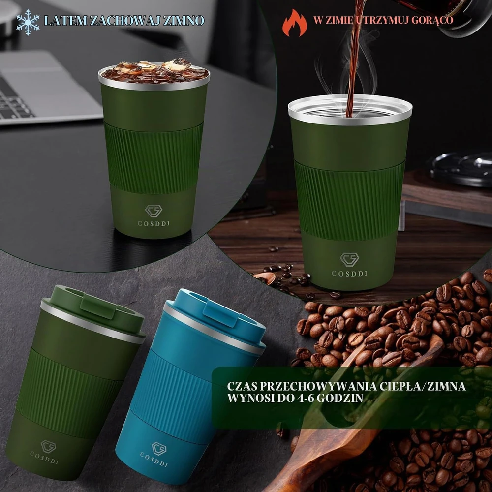 CS COSDDI termopuodelis 380 ml iš nerūdijančiojo plieno, sandarus Travel Mugs Žalias-A