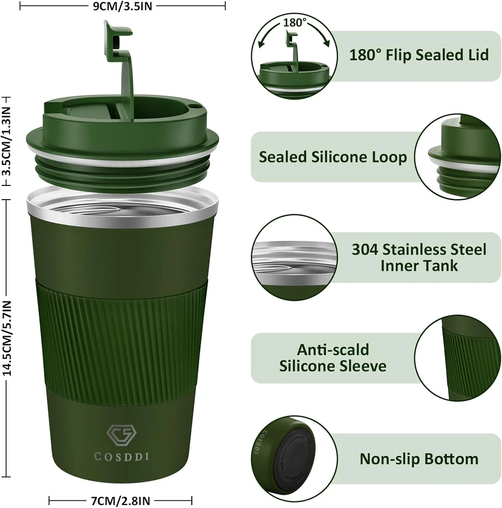 CS COSDDI termopuodelis 380 ml iš nerūdijančiojo plieno, sandarus Travel Mugs Žalias-A