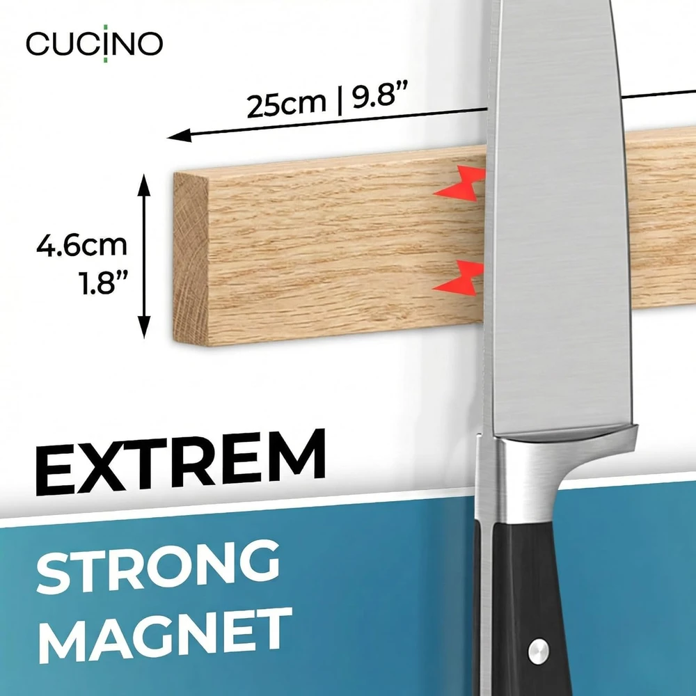 Cucino magnetinė peilių juosta iš ąžuolo, 25 cm, su 3M tvirtinimo juosta, Messerleiste_oak_25cm