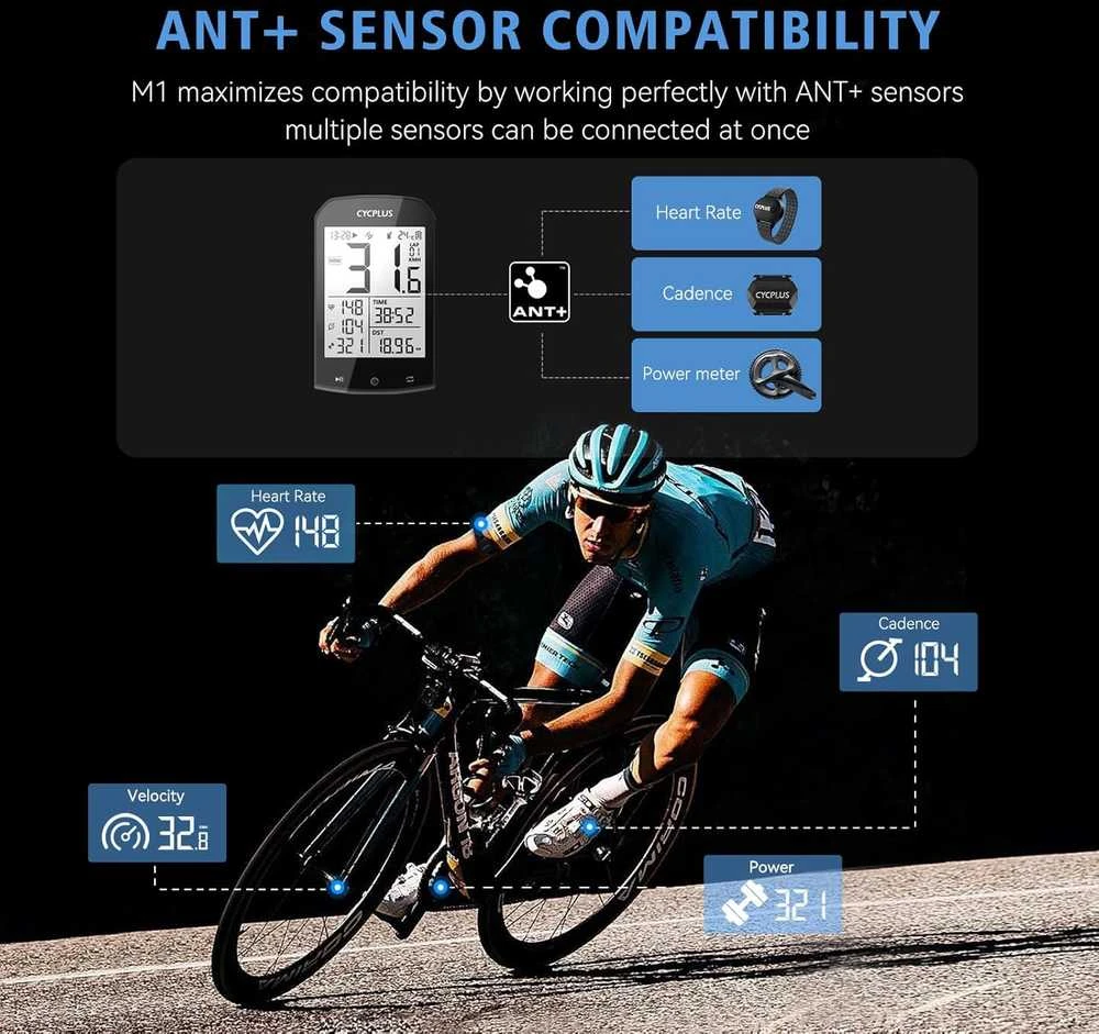 CYCPLUS GPS dviratininko kompiuteris su LCD ekranu 2,9", vandeniui atsparus, ANT+ ryšys, modelis M1+Z1+C3