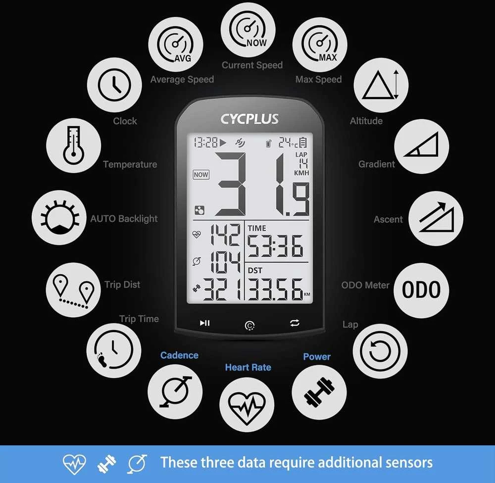 CYCPLUS GPS dviratininko kompiuteris su LCD ekranu 2,9", vandeniui atsparus, ANT+ ryšys, modelis M1+Z1+C3