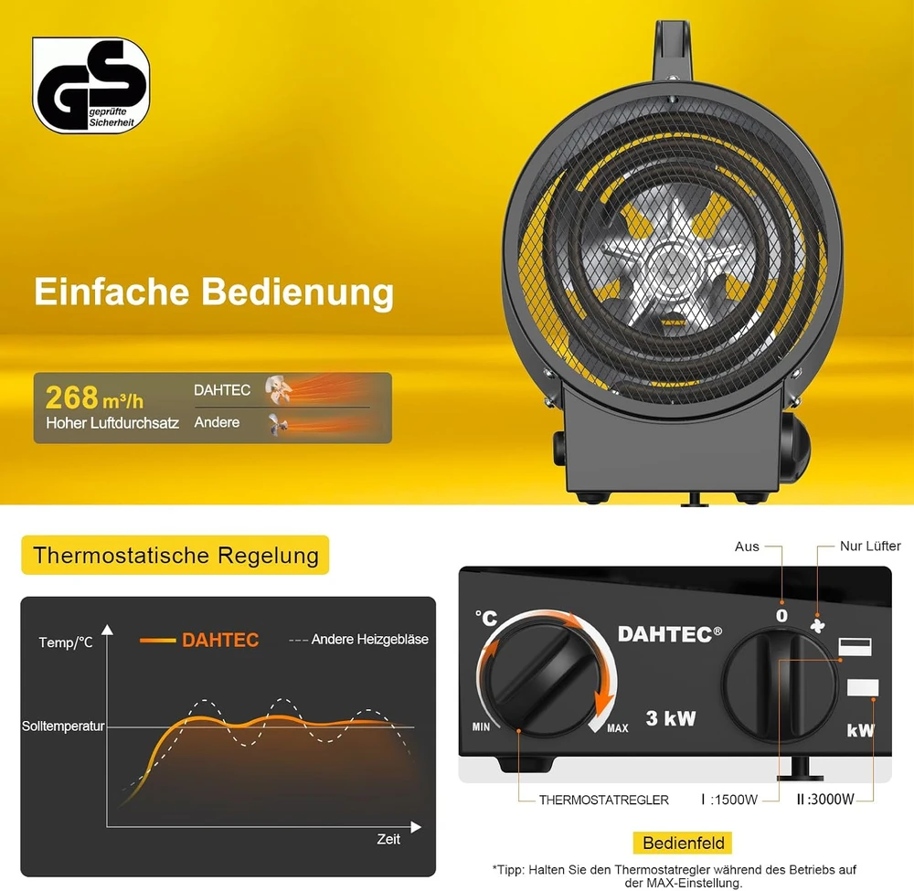 DAHTEC nešiojamas elektrinis šildytuvas 3000 W su termostatu ir apsauga nuo perkaitimo BGP1308-03