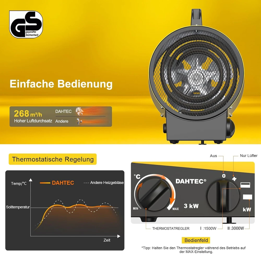 DAHTEC nešiojamas elektrinis šildytuvas 3000 W su termostatu BGP1308-03