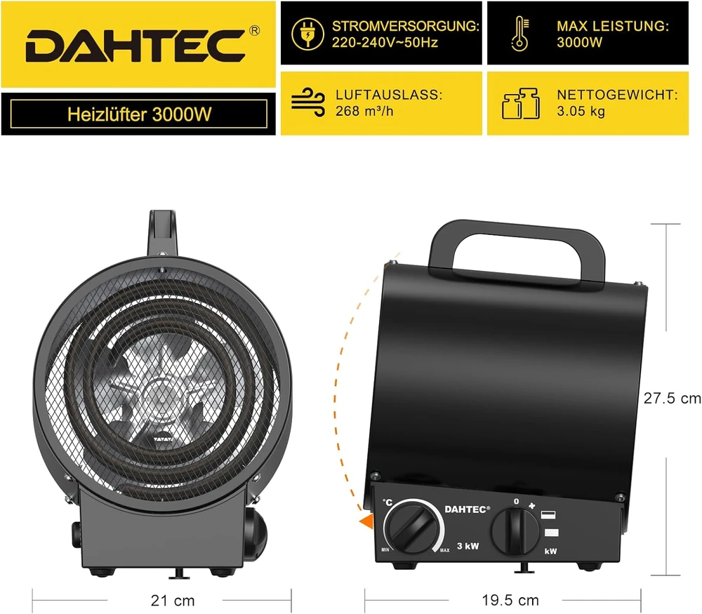 DAHTEC nešiojamas elektrinis šildytuvas 3000 W su termostatu ir apsauga nuo perkaitimo BGP1308-03
