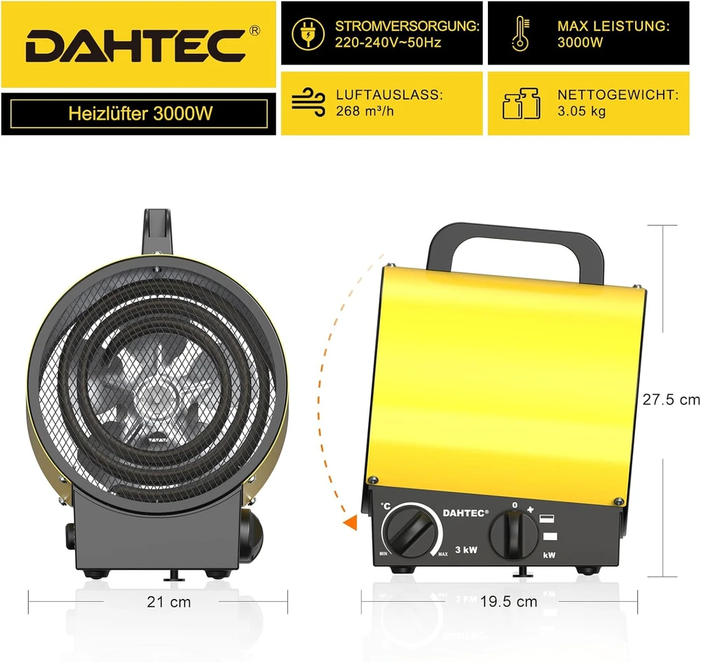 DAHTEC nešiojamas elektrinis šildytuvas 3000 W su termostatu BGP1308-03