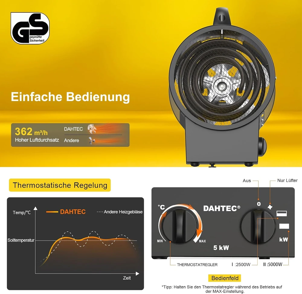DAHTEC nešiojamasis elektrinis šildytuvas 5000 W su termostatu BGP1308-05