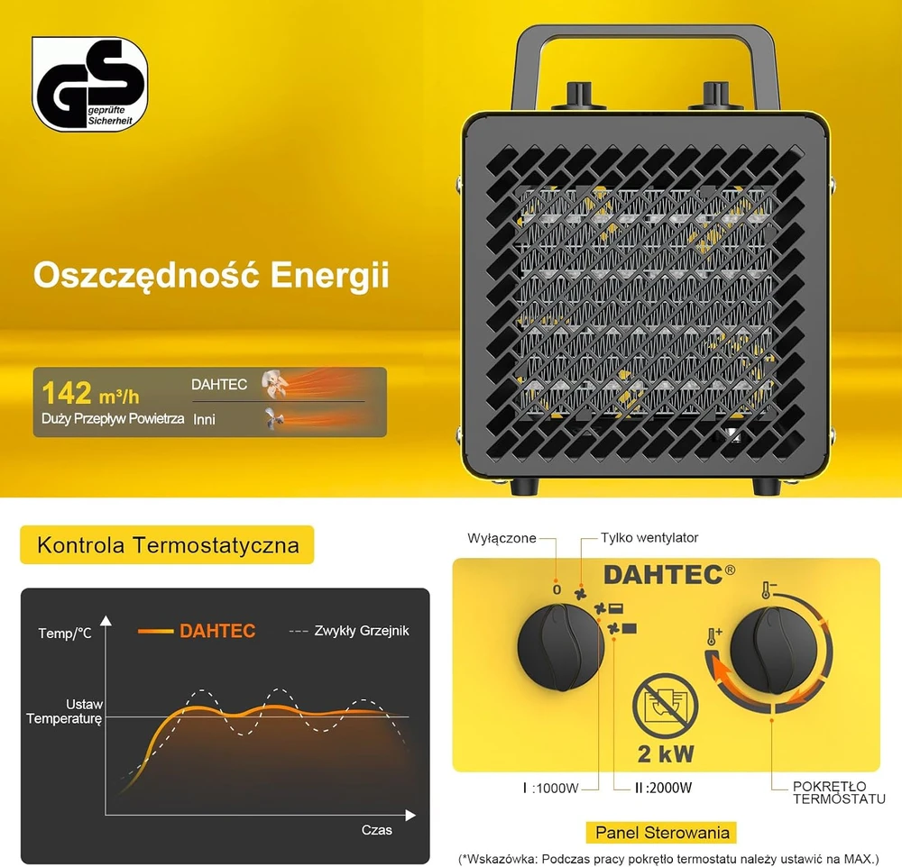 DAHTEC nešiojamasis keraminis ventiliatorinis šildytuvas 2000 W, 3 režimų BGP2305-20