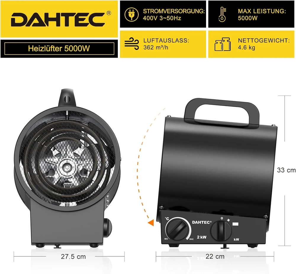DAHTEC pramoninis elektrinis šildytuvas su ventiliatoriumi 5000 W BGP1308-05