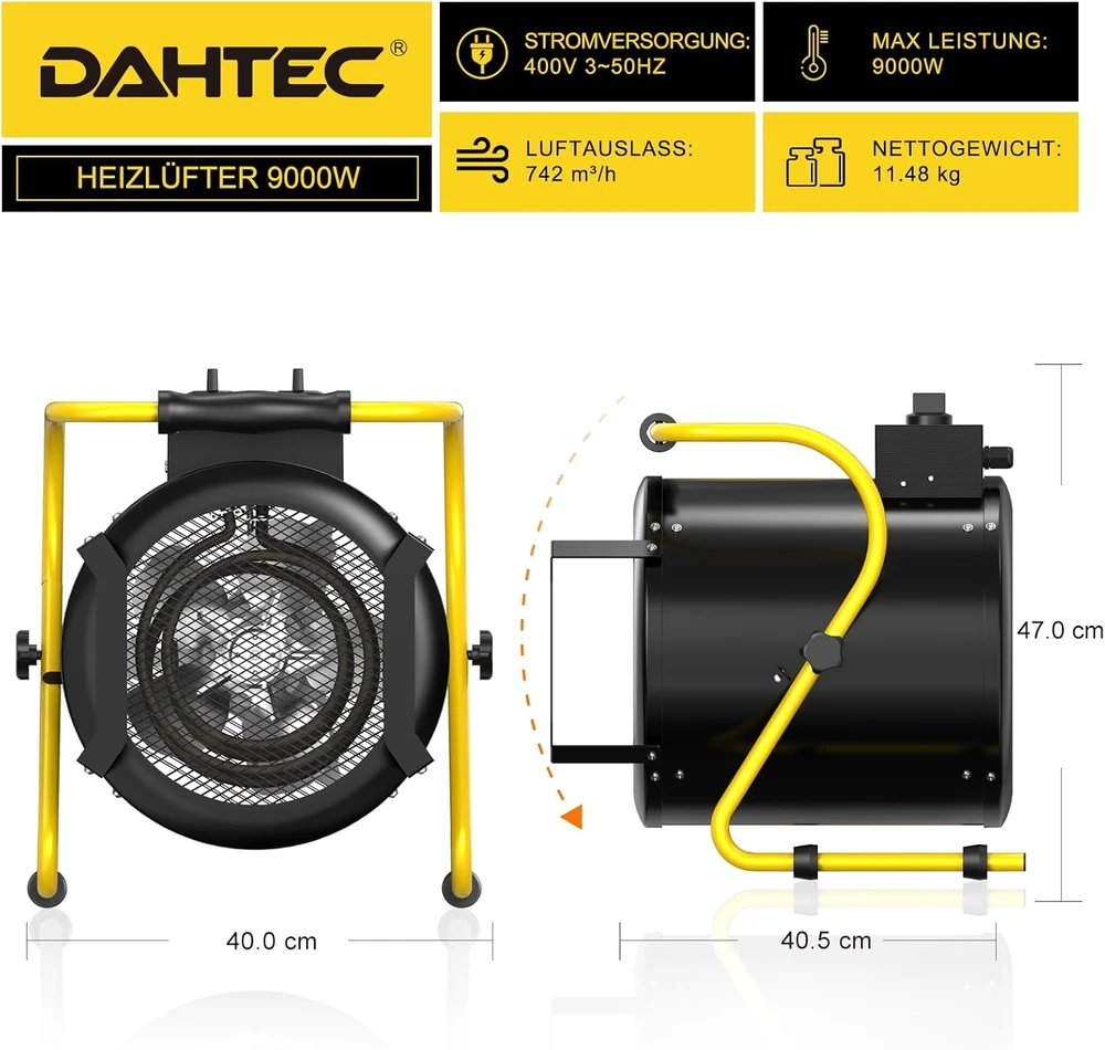 DAHTEC pramoninis termoventiliatorius 9 kW su termostatu ir 3 šildymo pakopomis BG-C9/3