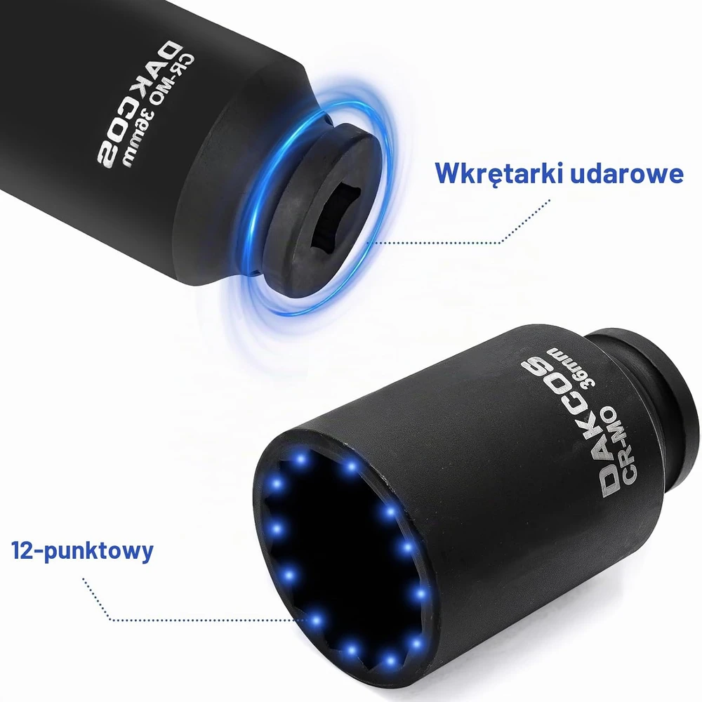 DAKCOS ilgoji dvylikakampė smūginė galvutė 36 mm su 1/2 col. pavara DAKCOS-1/2-36
