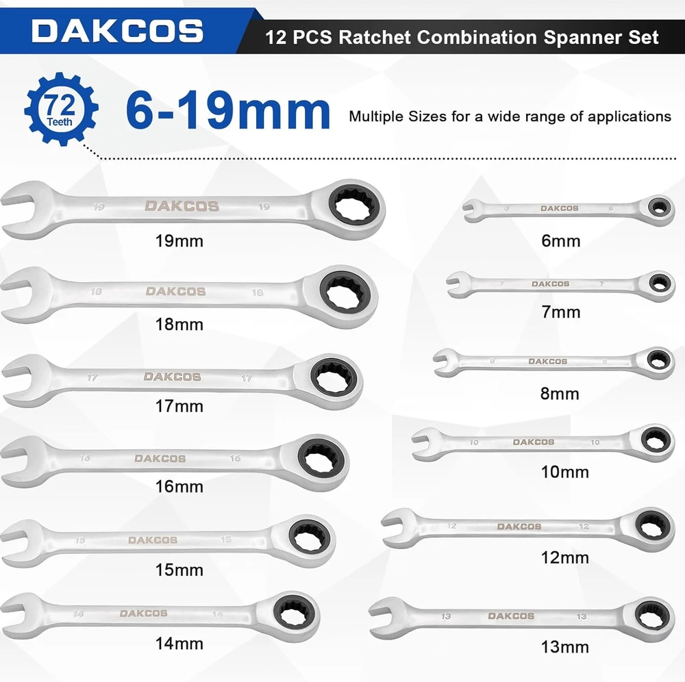 DAKCOS kombinuotų veržliarakčių su reketu rinkinys 6–19 mm, 12 vnt., RMS-MIX