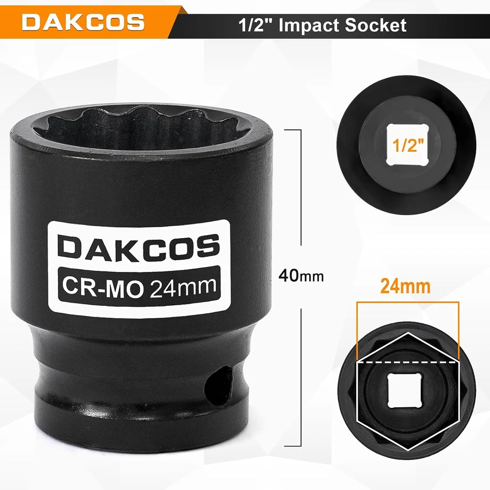 DAKCOS smūginė 12-kampė Cr-Mo galvutė 24 mm su 1/2 col. pavara KSE24