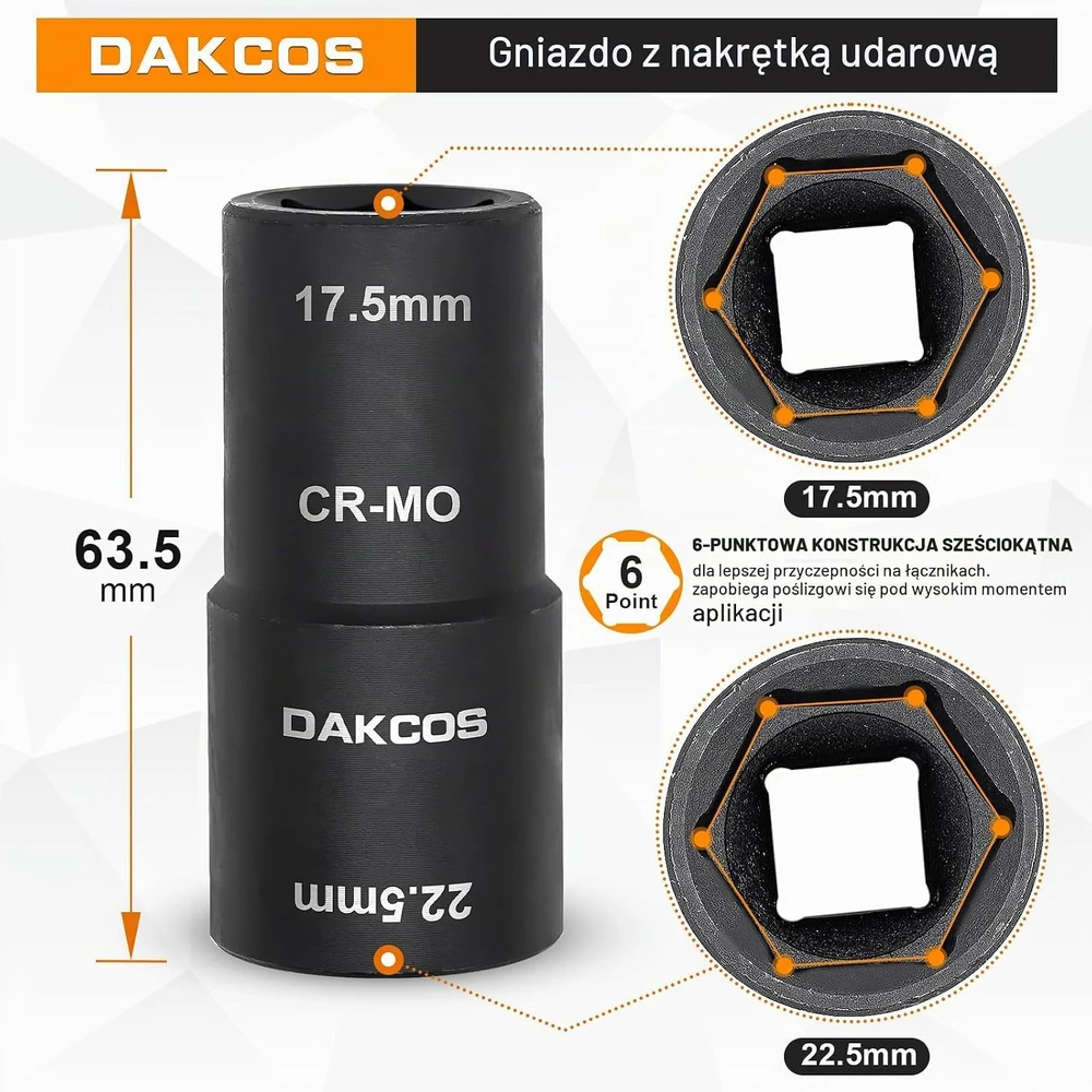 DAKCOS smūginė dvipusė galvutė ratų veržlėms 17,5/22,5 mm, 1/2 col., KSS03