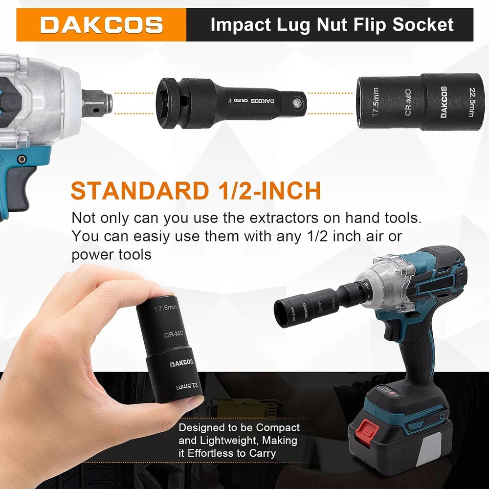 DAKCOS smūginė dvipusė galvutė ratų veržlėms 17,5/22,5 mm, 1/2 col., KSS03