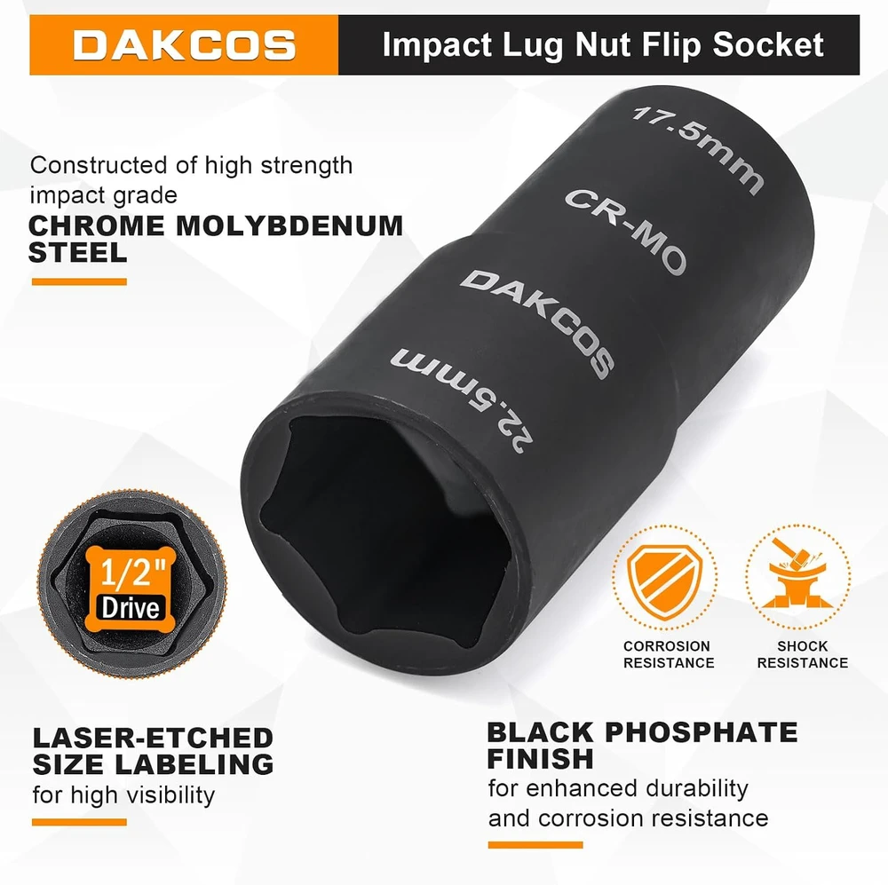 DAKCOS smūginė dvipusė galvutė ratų veržlėms 17,5/22,5 mm, 1/2 col., KSS03