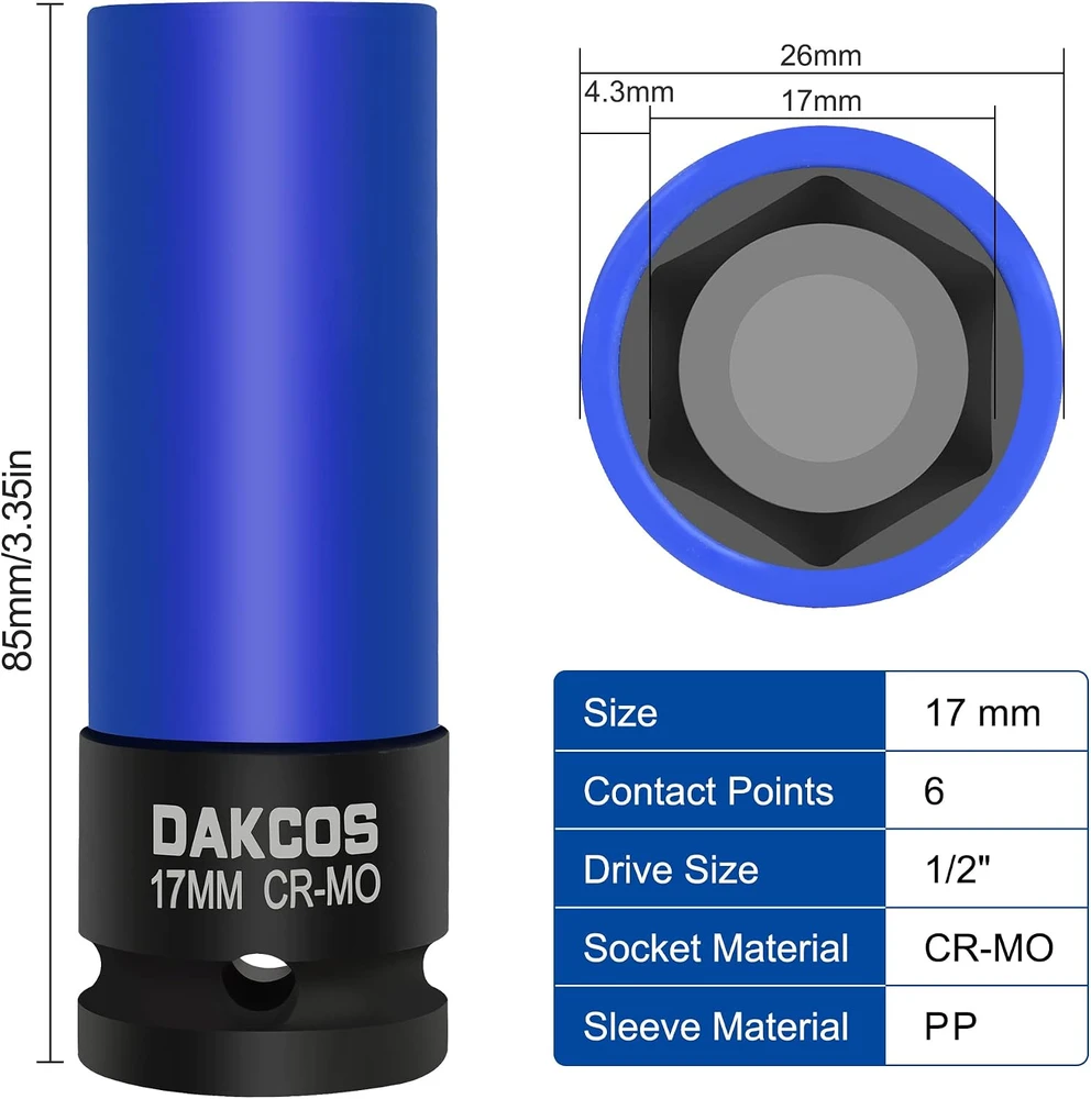 DAKCOS smūginė galvutė ratų veržlėms 17 mm, 1/2 col., 85 mm KSS17