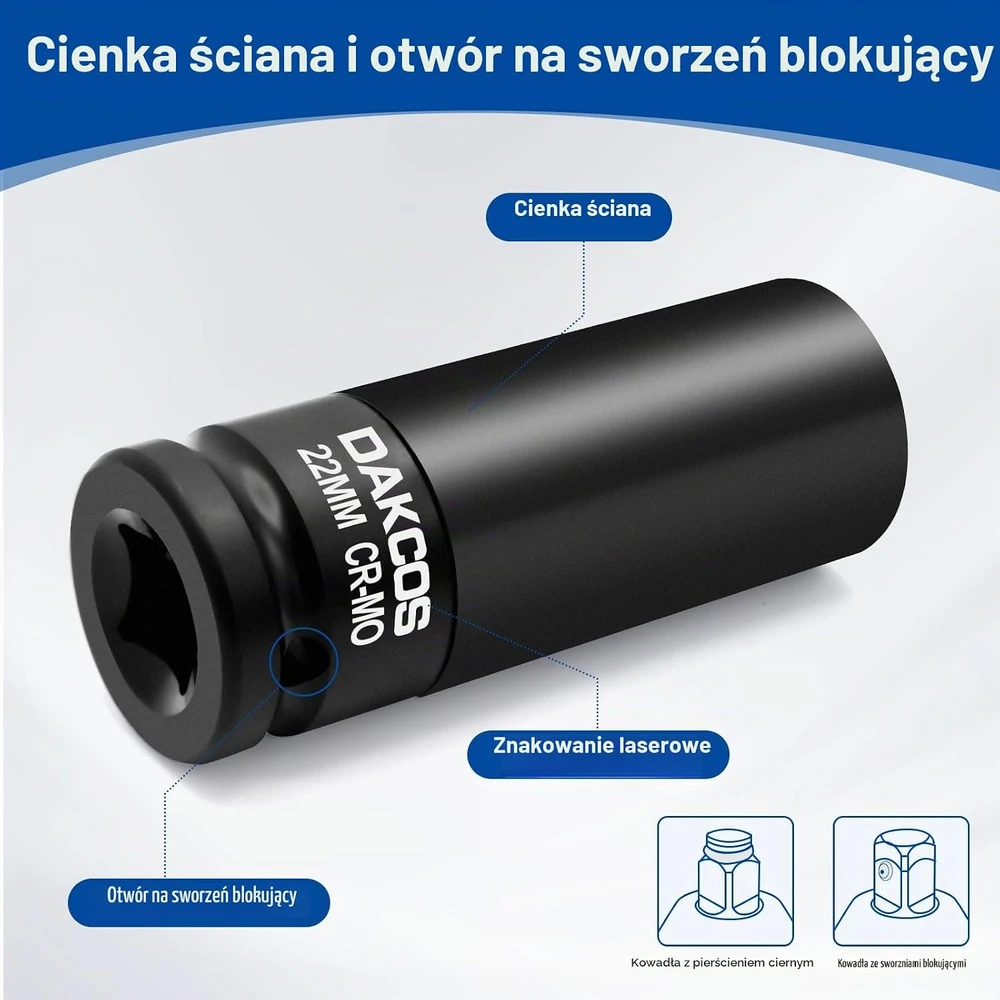 DAKCOS smūginė galvutė ratų veržlėms 22 mm, 1/2 col., 85 mm KSS22
