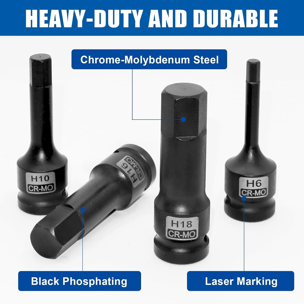DAKCOS smūginių šešiakampių galvučių rinkinys 1/2 col., 5–19 mm, KTS-H-NEW