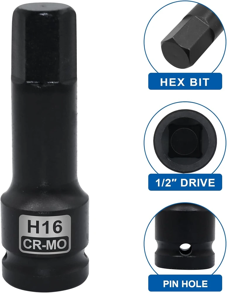 DAKCOS smūginių šešiakampių galvučių rinkinys 1/2 col., 5–19 mm, KTS-H-NEW