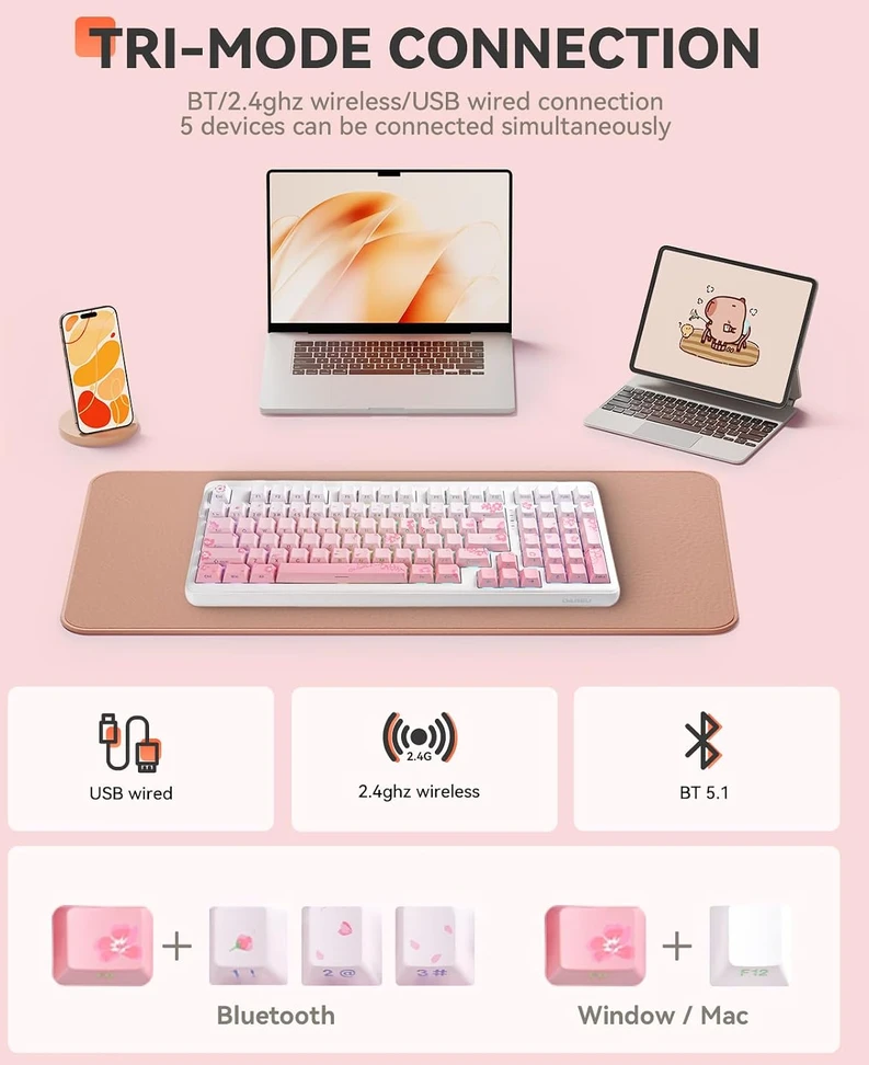 DAREU belaidė mechaninė klaviatūra Bluetooth 5.1, 2,4 GHz, RGB EK98Pro