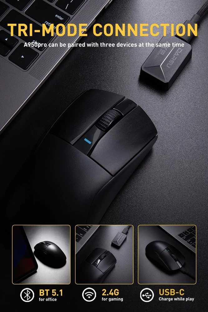 DAREU belaidė optinė žaidimų pelė 4 kHz, 26 000 DPI, 55 g A950 PRO-BK