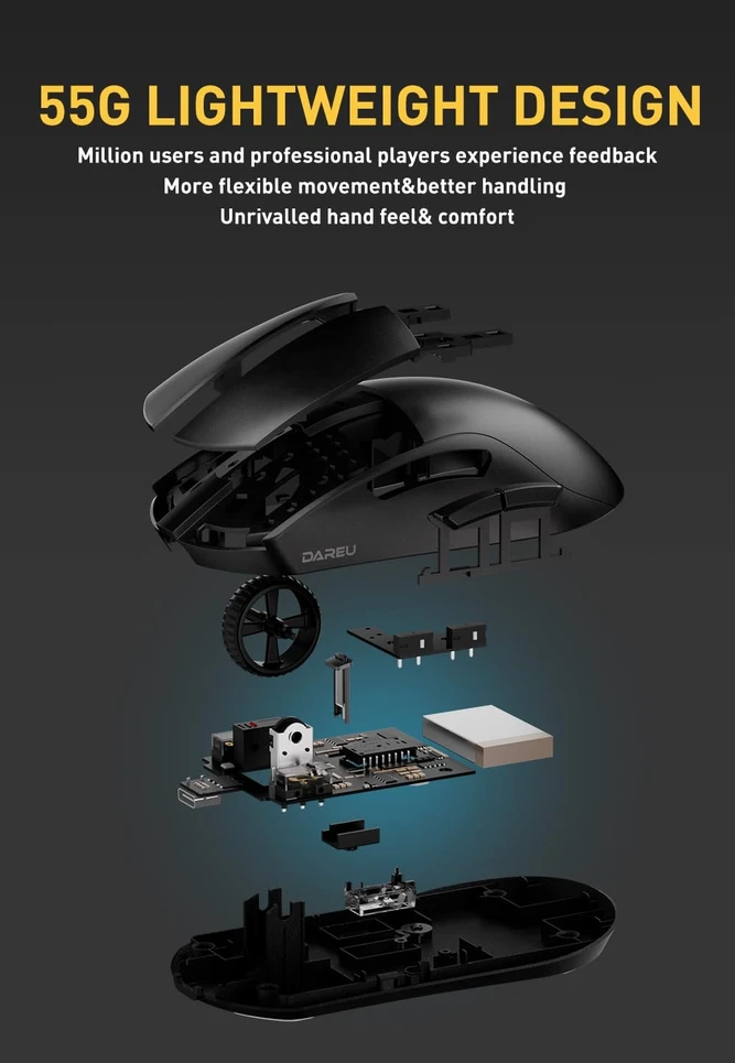DAREU belaidė optinė žaidimų pelė 4 kHz, 26 000 DPI, 55 g A950 PRO-BK