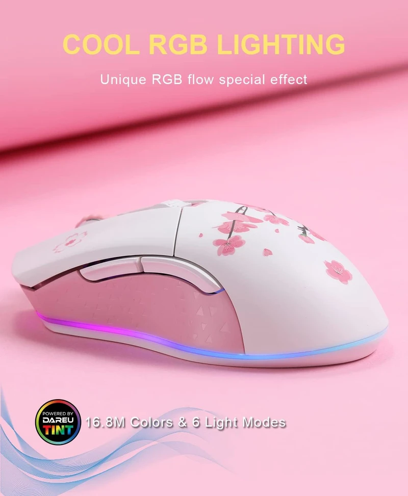 DAREU belaidė žaidimų pelė, 10 000 DPI, 6 programuojami mygtukai, RGB, EM901X