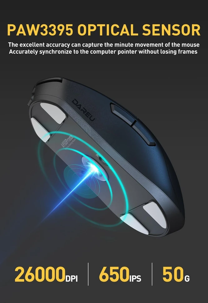 DAREU belaidė žaidimų pelė 4 kHz, 26000 DPI, 55 g A950 PRO-WH