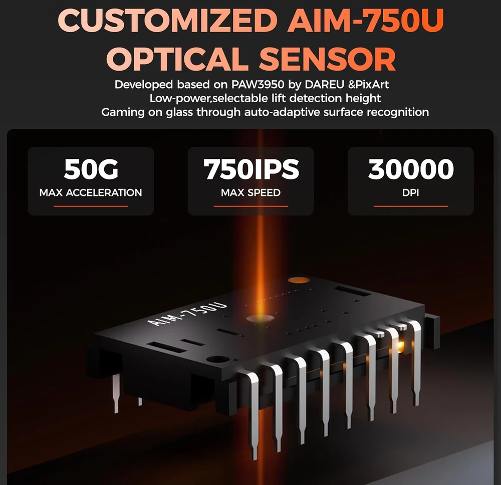 DAREU belaidė žaidimų pelė A950 WING, 30 000 DPI, 8K Hz, 35 g
